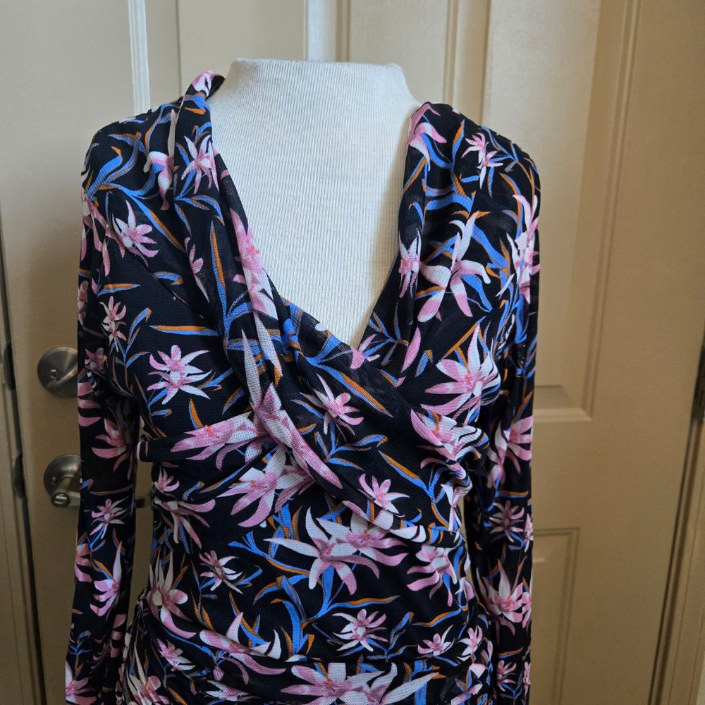 Diane Von Furstenberg DVF Ganesa Ruched Floral Tulle Midi Dress In Black L - Picture 7 of 8